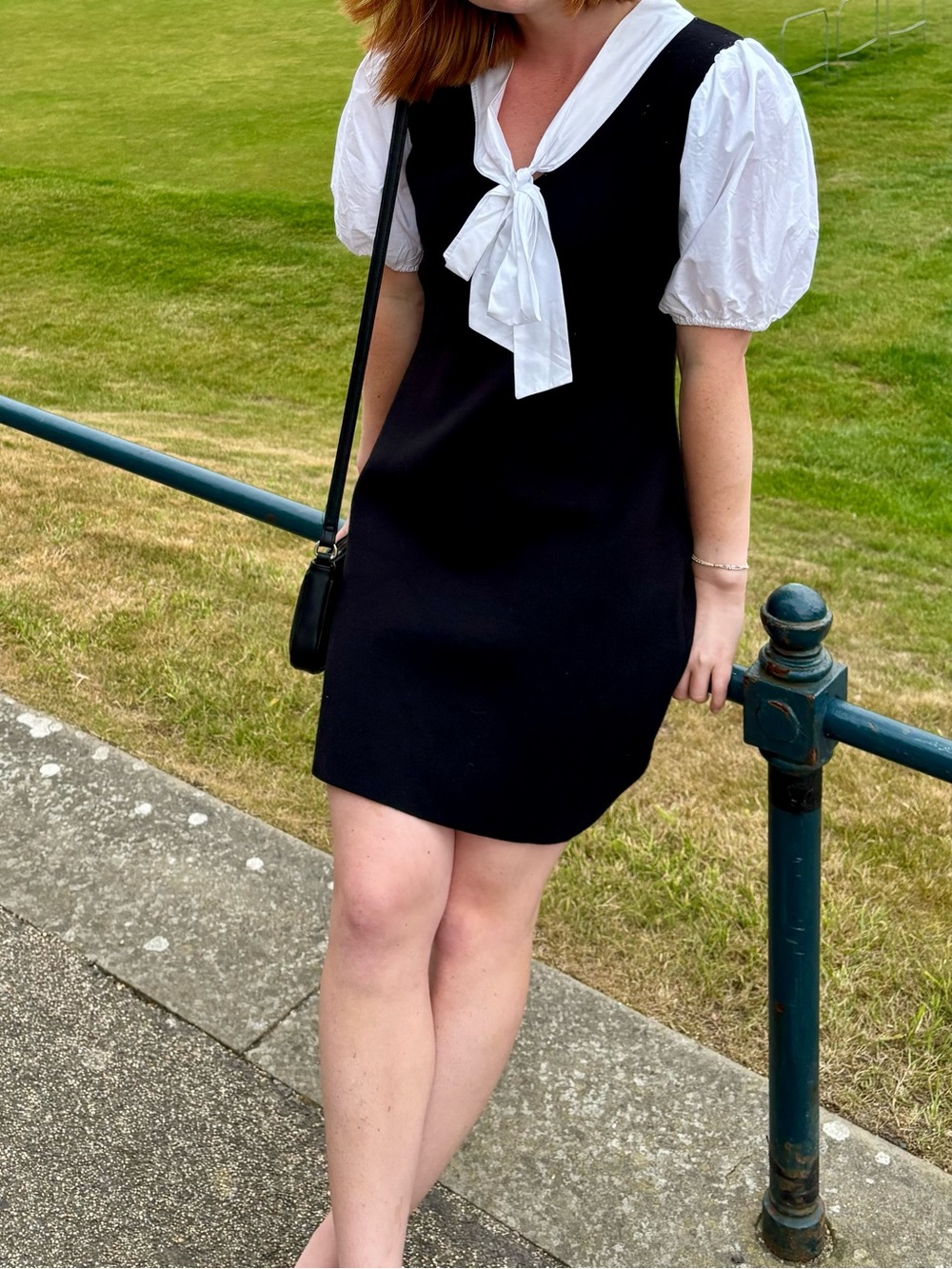 English Factory Black Mini Dress with White Puff Sleeves & Tie